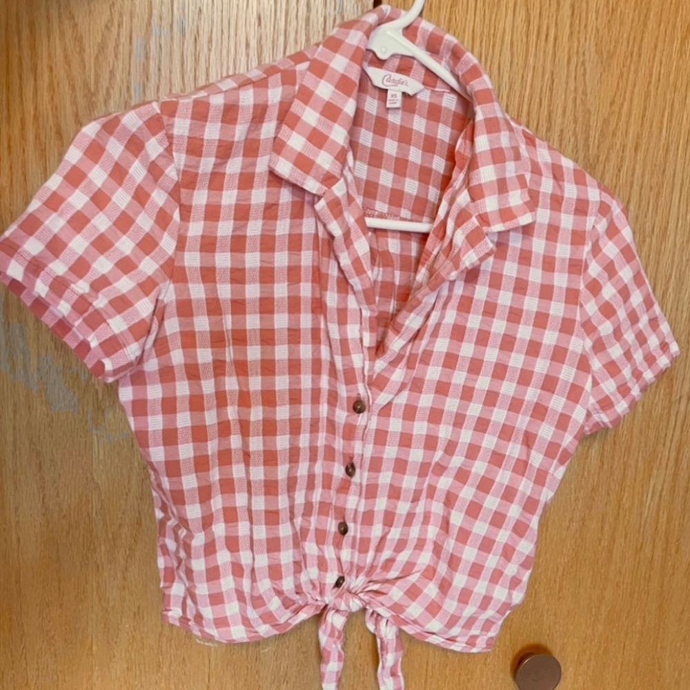 Pink Gingham Cropped Button-Down - Picture 2 of 4
